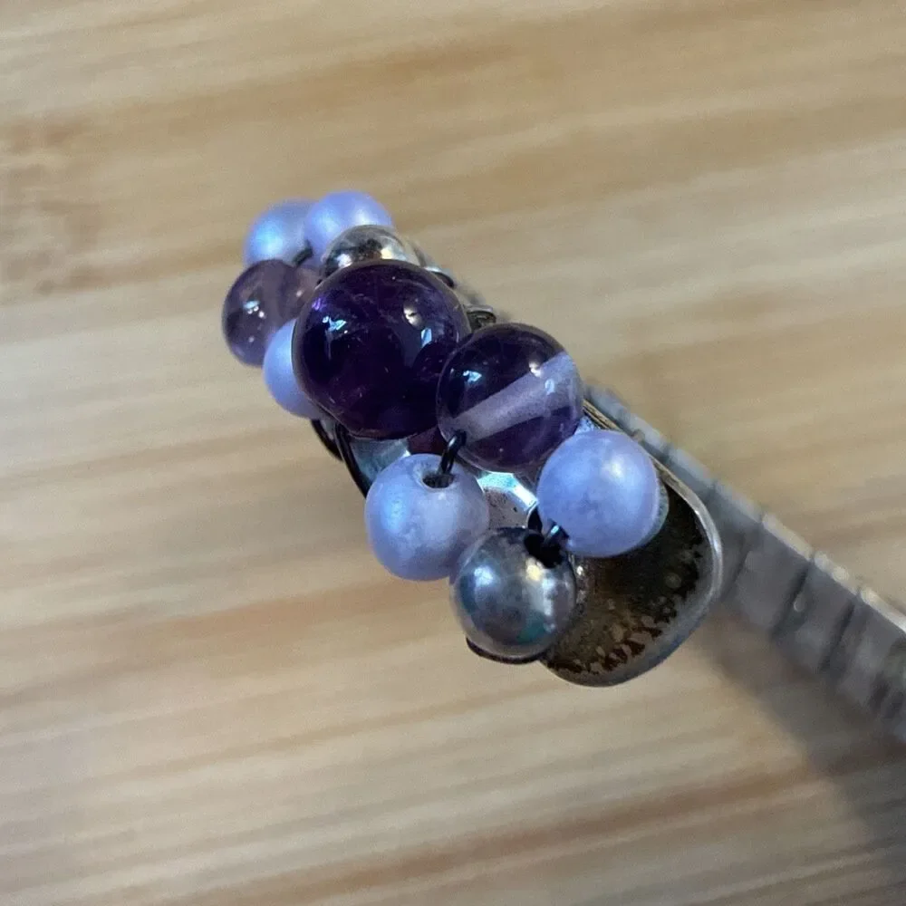 LAVENDER PURPLE PEARL BEAD WIRED BRACELET ON 925 SILVER BANGLE CUFF